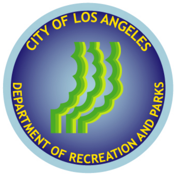 Los Angeles Department of Recreation and Parks Logo in yellow font and green tress with blue background