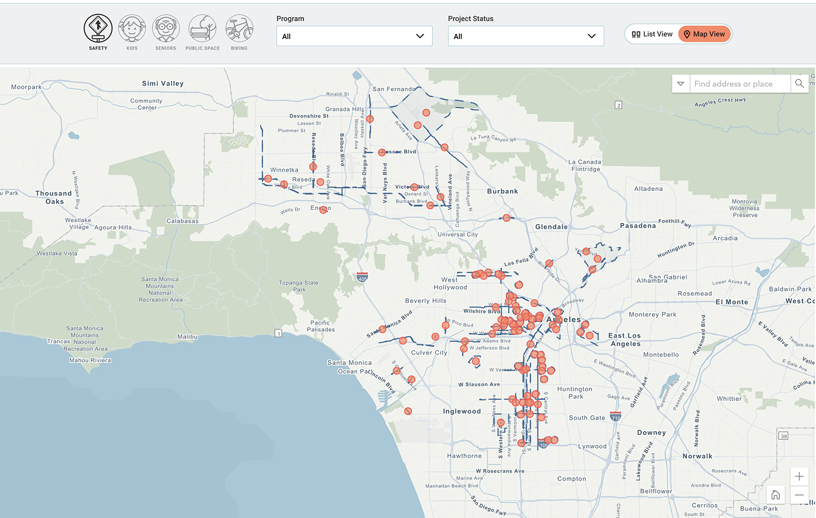 Map showing locations of LADOT safety projects and district areas across Los Angeles